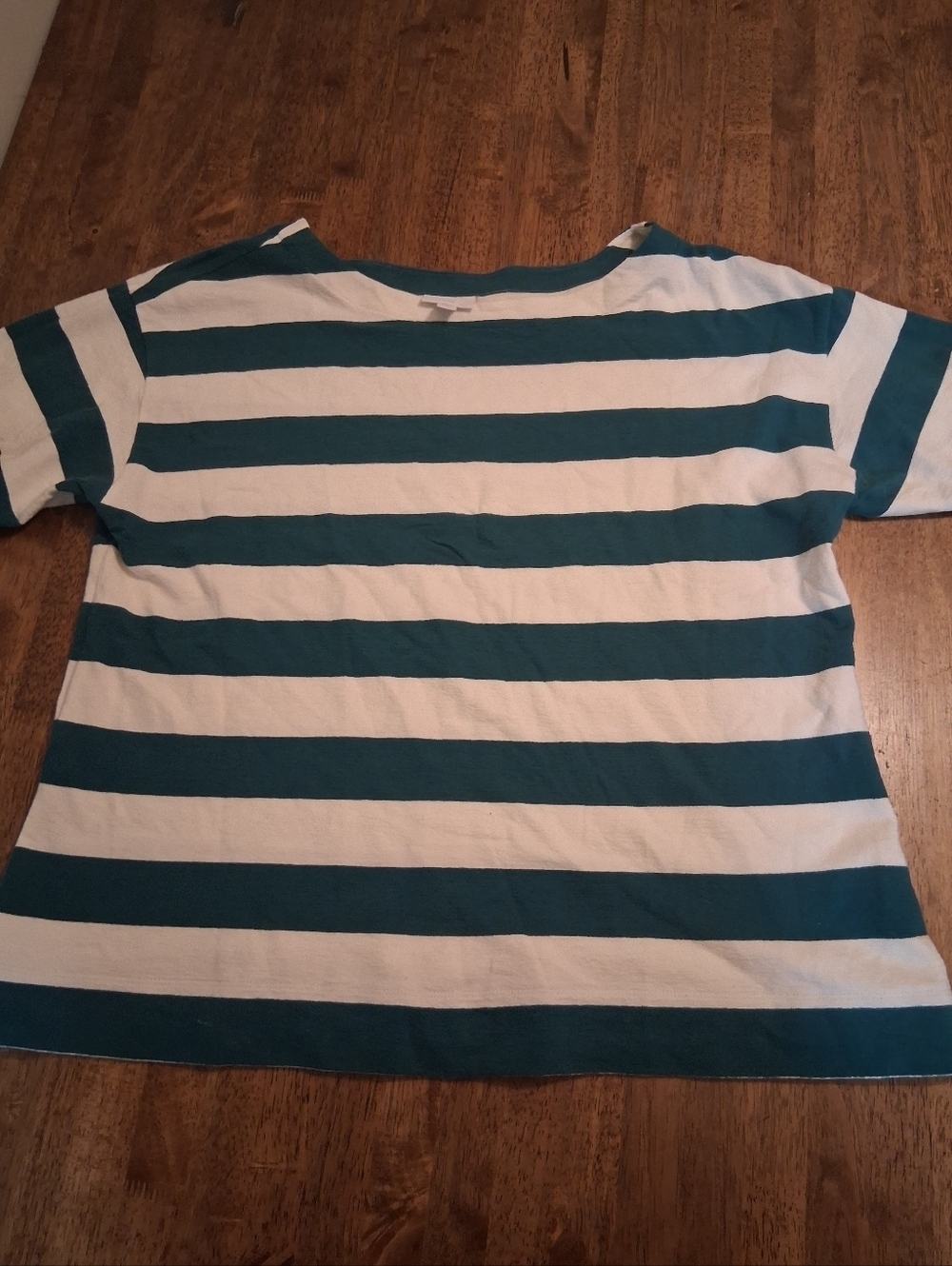 J Jill Green And White Striped T Shirt With Button Detail On Sleeve 2X